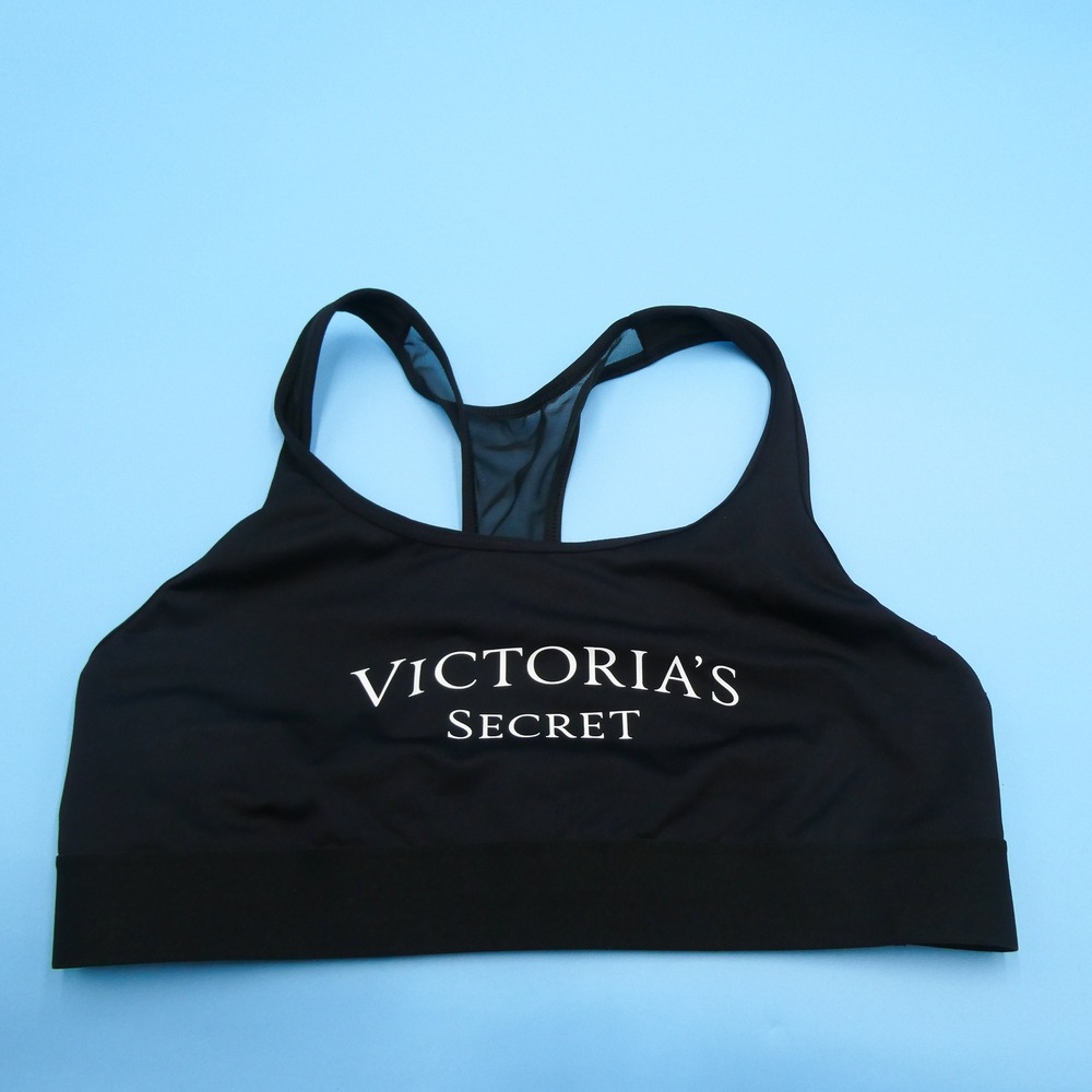 Victoria's Secret Sports Bra Womens Medium Racerback Black Logo Mesh Polyester